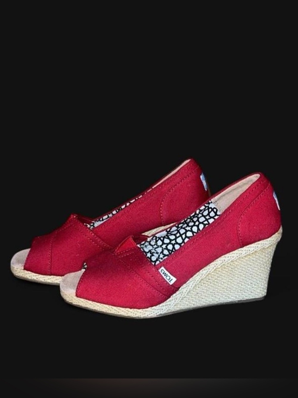 Toms Red Canvas Peep-Toe Espadrille Wedge